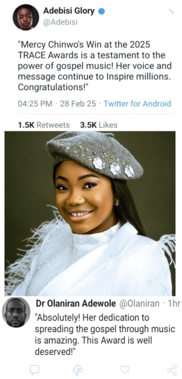 Mercy Chinwo Shines! – Gospel star wins Best Gospel Artist at TRACE Awards 2025.