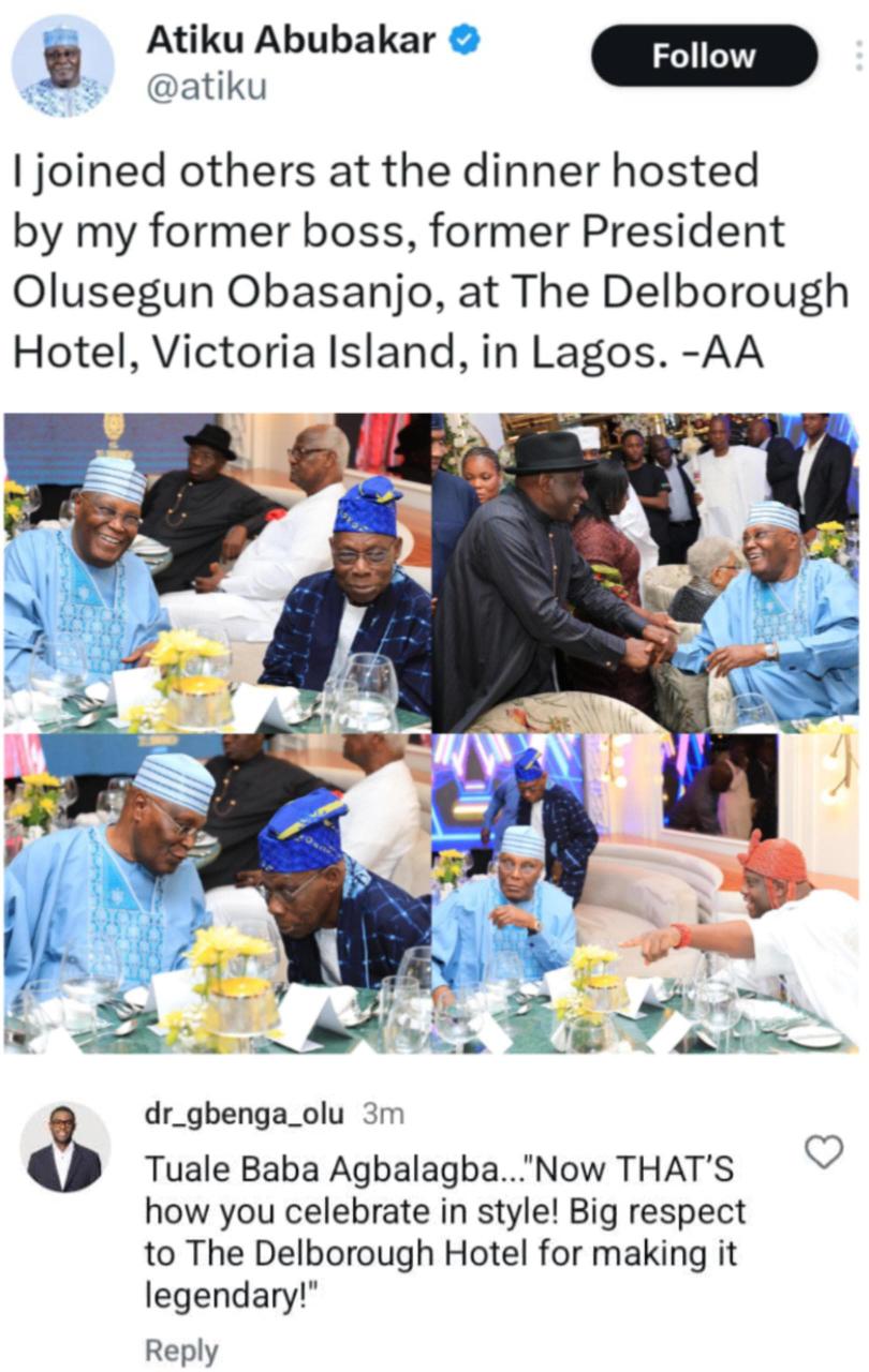 Atiku Abubakar joins Obasanjo’s 88th birthday celebration at The Delborough Hotel, Lagos, alongside top dignitaries!